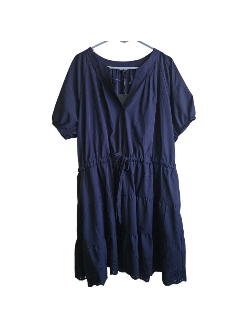Modern Works Women's Dress Navy Coastal Preppy Puff Sleeve Eyelet Plus Size 2X